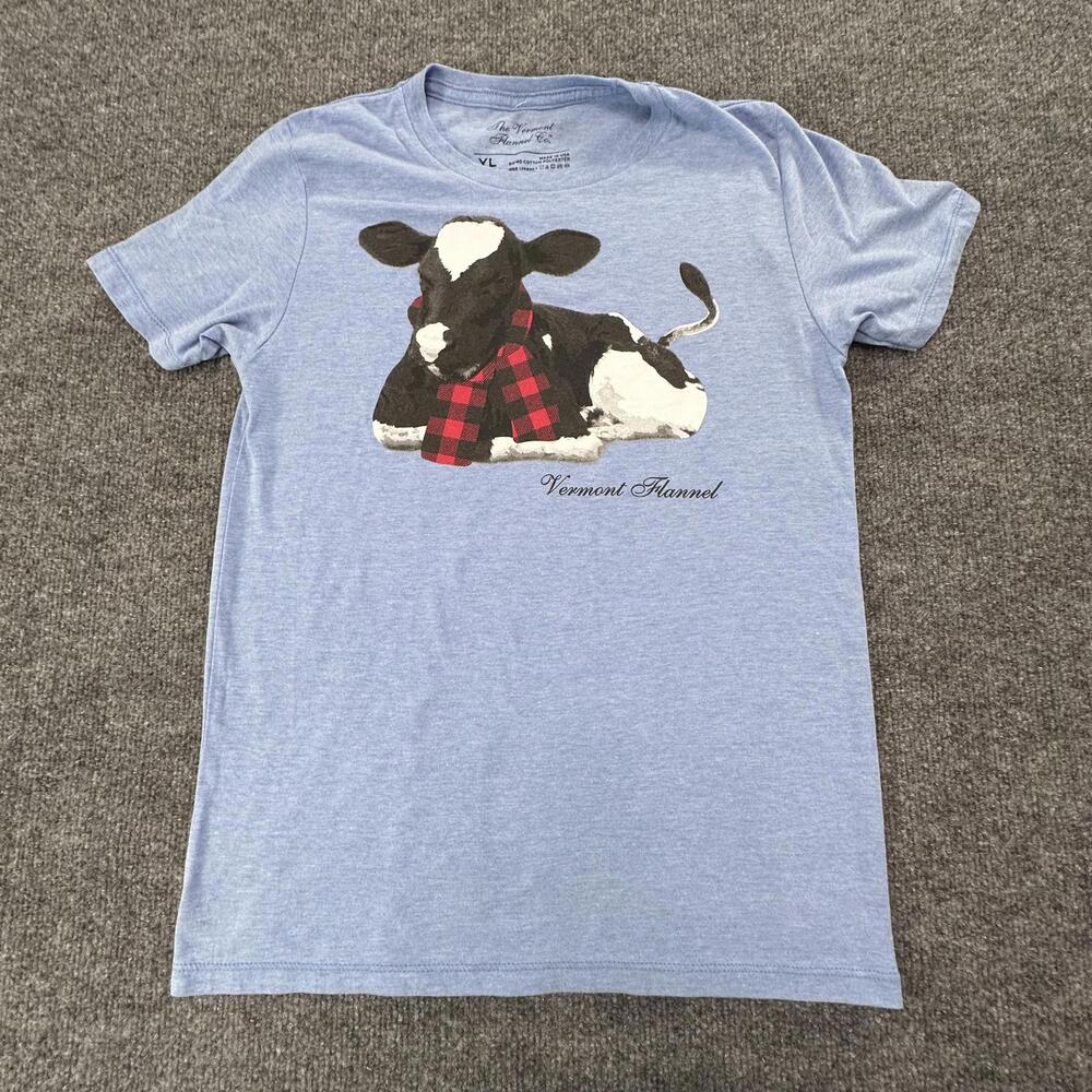 Vermont Flannel Co Youth Large Blue Cow Graphic T-Shirt Buffalo Scarf YL #345